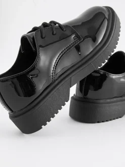 Black Patent Narrow Fit (E) School Chunky Lace-Up Shoes