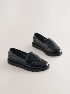 Black Patent School Leather Slim Sole Loafers
