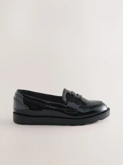 Black Patent School Leather Slim Sole Loafers