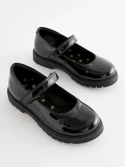Black Patent Wide Fit (G) School Leather Chunky Mary Jane Shoes