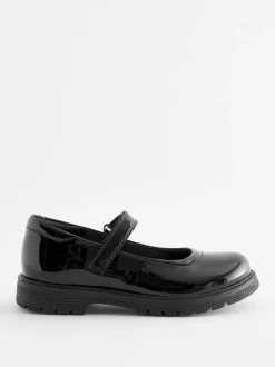 Black Patent Wide Fit (G) School Leather Chunky Mary Jane Shoes