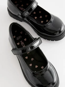 Black Patent Wide Fit (G) School Leather Chunky Mary Jane Shoes