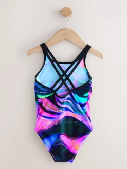Black/Pink/Purple Swirl Double Strap Swimsuit (3-16yrs)
