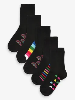 Black Rainbow 5 Pack Cotton Rich Footbed Ankle School Socks