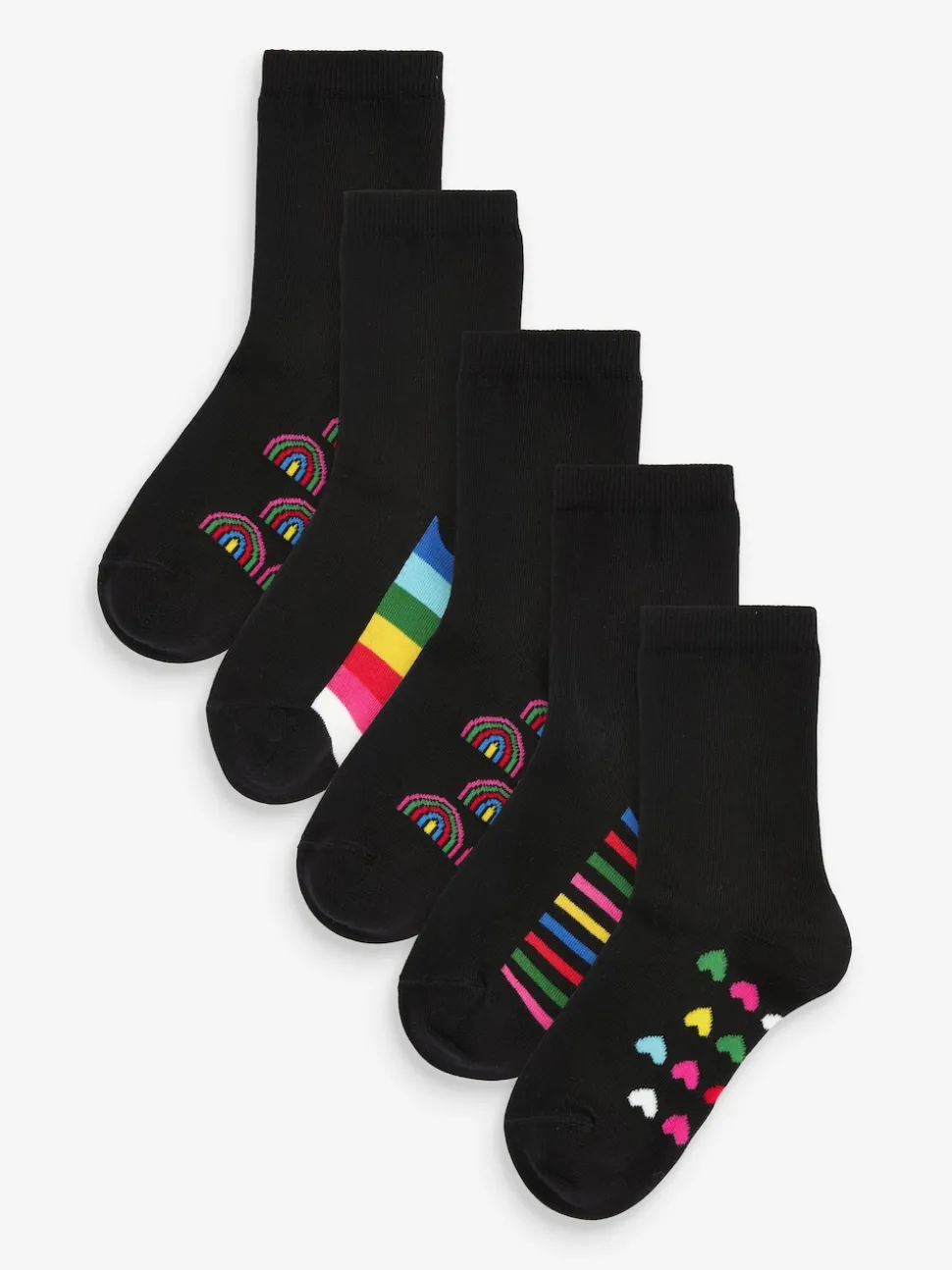 Black Rainbow 5 Pack Cotton Rich Footbed Ankle School Socks