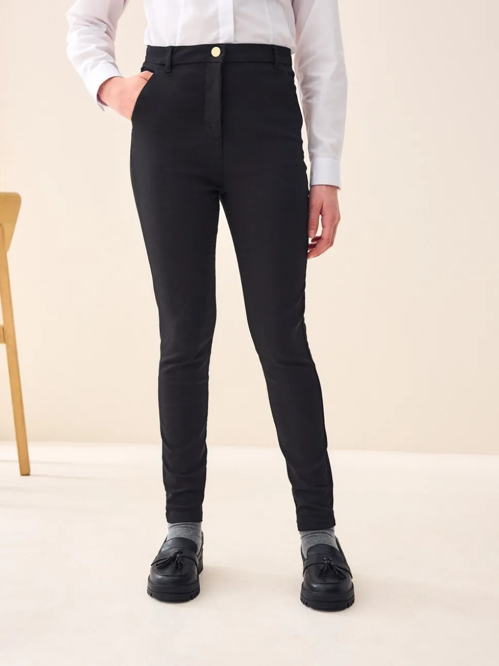 Black Senior Gold Snap High Waisted Skinny Stretch School Trousers (9-17yrs)