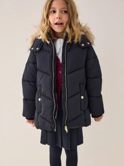 Black Shower Resistant Faux Fur Trim Padded Coat (3-16yrs)