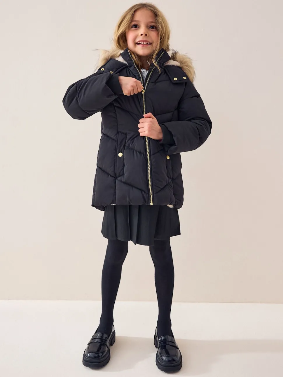 Black Shower Resistant Faux Fur Trim Padded Coat (3-16yrs)