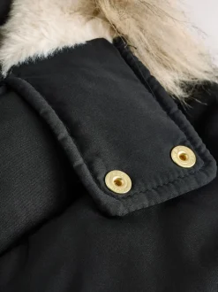 Black Shower Resistant Faux Fur Trim Padded Coat (3-16yrs)