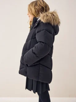 Black Shower Resistant Faux Fur Trim Padded Coat (3-16yrs)