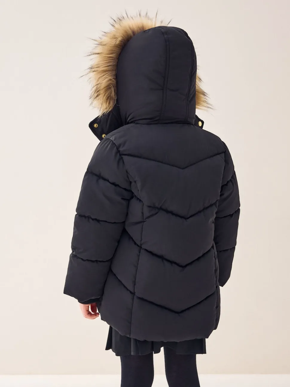 Black Shower Resistant Faux Fur Trim Padded Coat (3-16yrs)