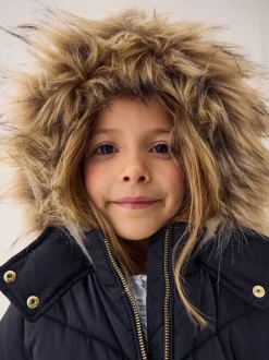 Black Shower Resistant Faux Fur Trim Padded Coat (3-16yrs)