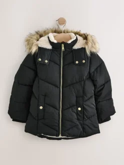 Black Shower Resistant Faux Fur Trim Padded Coat (3-16yrs)