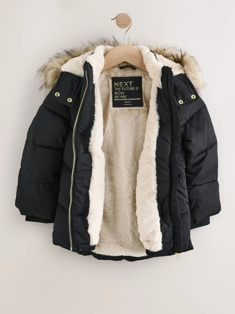 Black Shower Resistant Faux Fur Trim Padded Coat (3-16yrs)