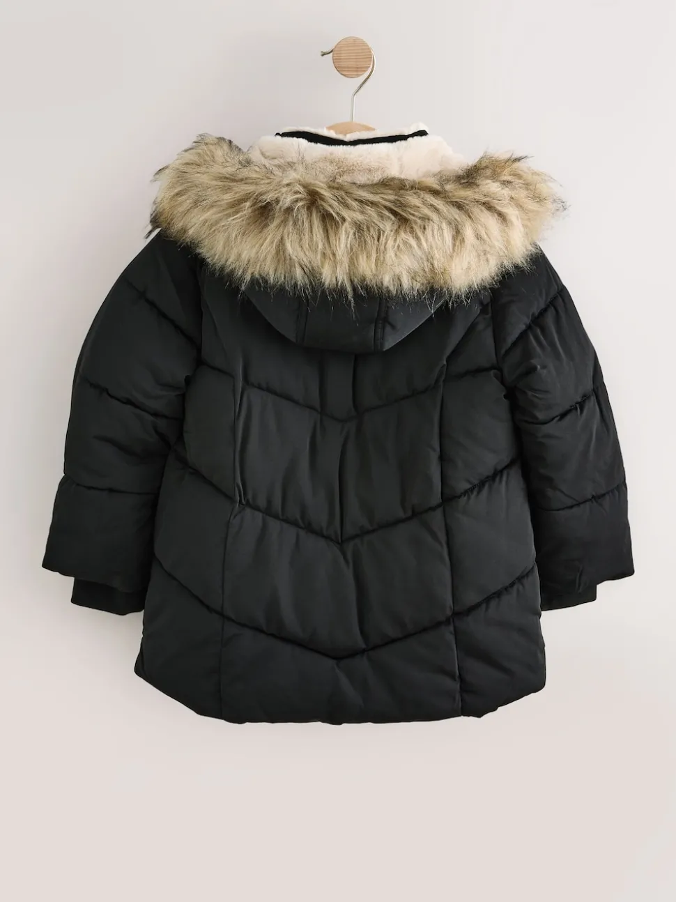 Black Shower Resistant Faux Fur Trim Padded Coat (3-16yrs)