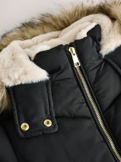Black Shower Resistant Faux Fur Trim Padded Coat (3-16yrs)