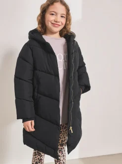 Black Shower Resistant Faux Fur Lined Hooded Padded Coat (3-16yrs)