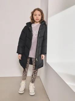Black Shower Resistant Faux Fur Lined Hooded Padded Coat (3-16yrs)
