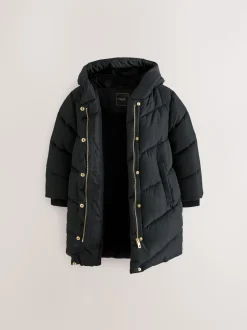 Black Shower Resistant Faux Fur Lined Hooded Padded Coat (3-16yrs)