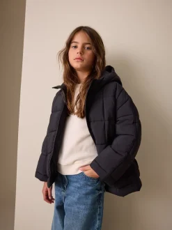 Black Shower Resistant Square Quilted Coat (3-16yrs)
