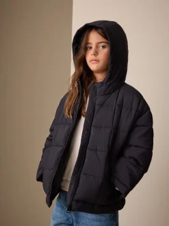 Black Shower Resistant Square Quilted Coat (3-16yrs)