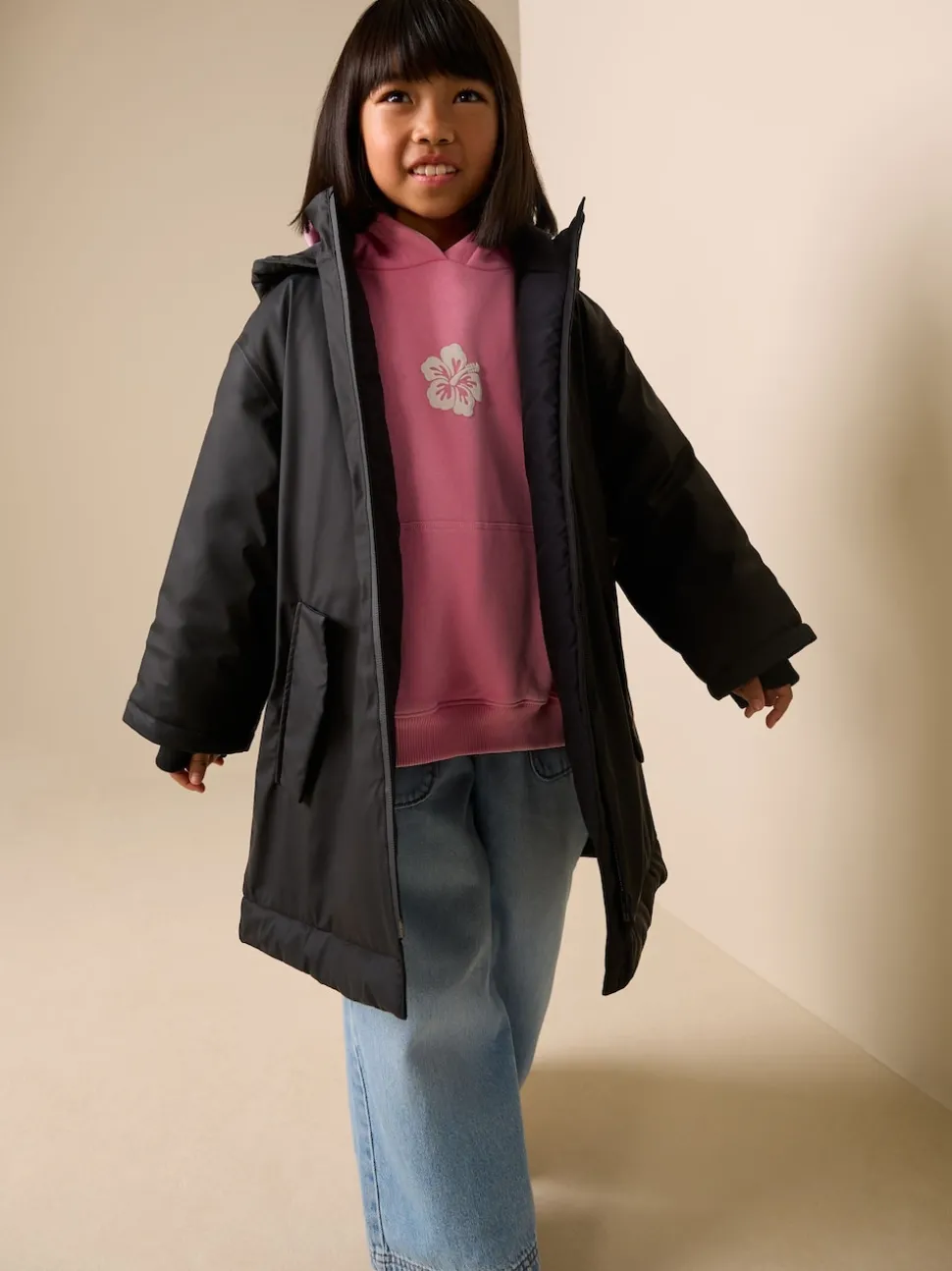 Black Shower Resistant Wadded Coat (3-16yrs)