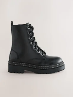 Black Standard Fit (F) Leather Chunky Lace-Up Boots