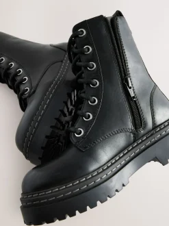 Black Standard Fit (F) Leather Chunky Lace-Up Boots