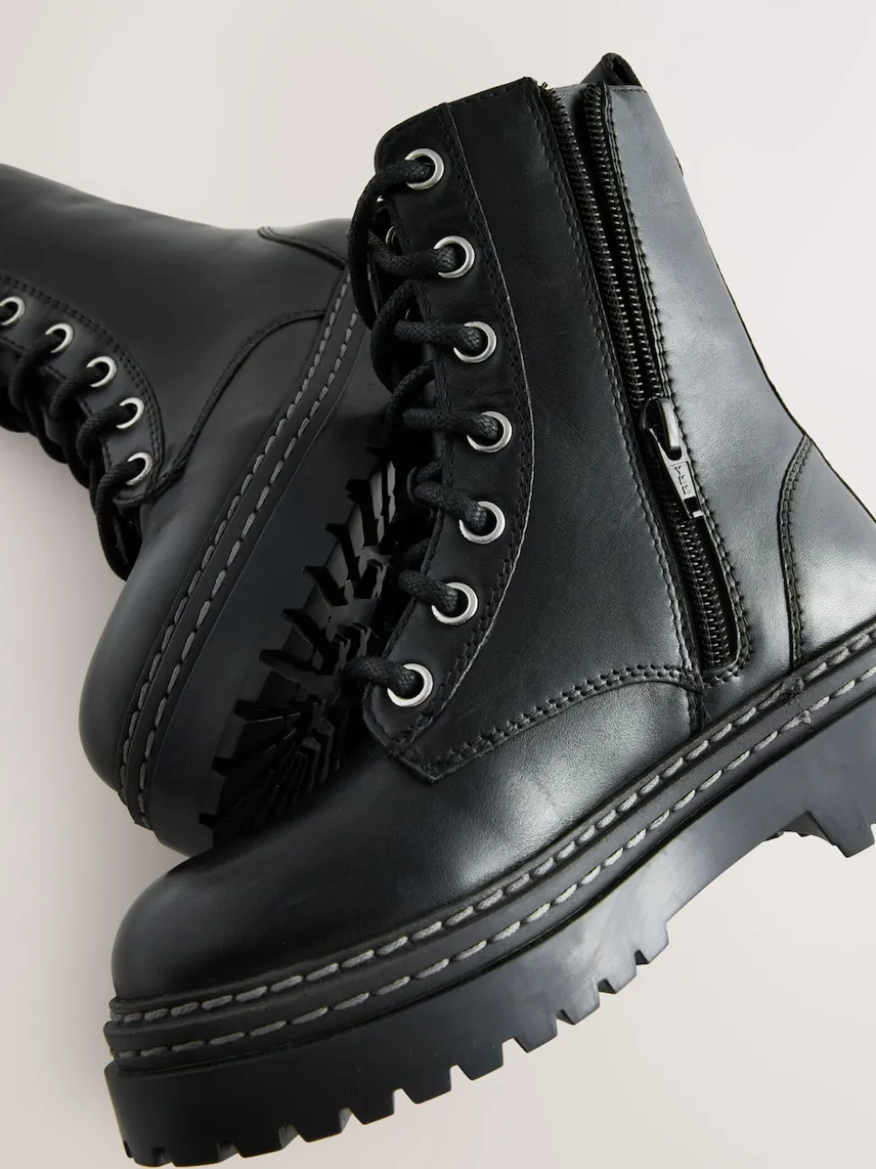 Black Standard Fit (F) Leather Chunky Lace-Up Boots