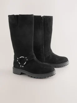 Black Suede Water Repellent Knee High Biker Boots