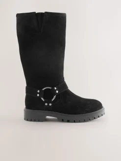 Black Suede Water Repellent Knee High Biker Boots