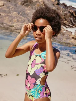 Black Tropical Cutout Swimsuit (3-16yrs)