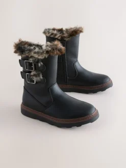 Black Wide Fit (G) Faux Fur Lined Buckle Boots