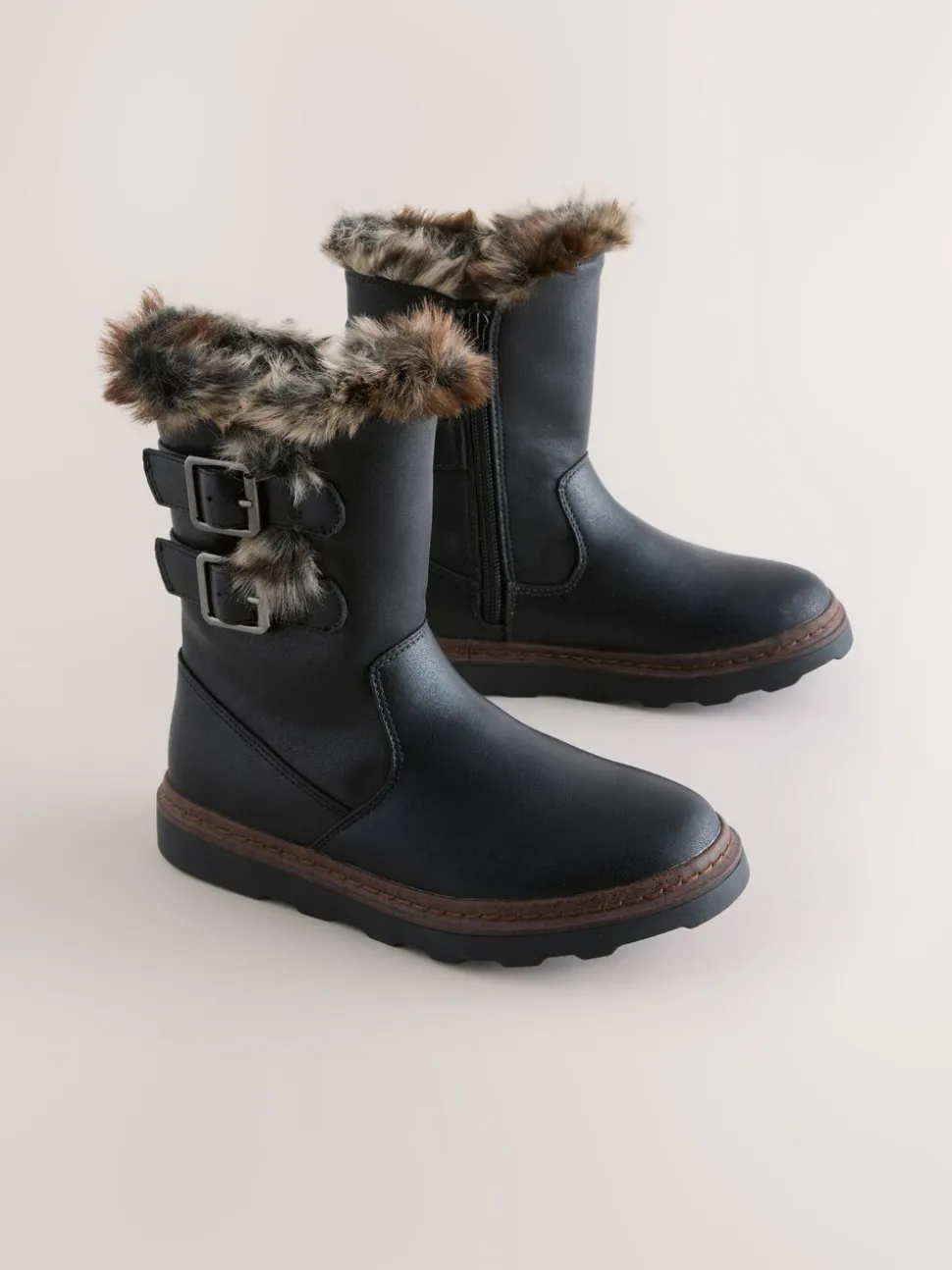 Black Wide Fit (G) Faux Fur Lined Buckle Boots