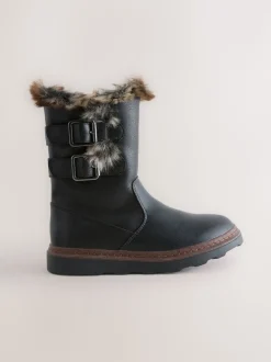 Black Wide Fit (G) Faux Fur Lined Buckle Boots