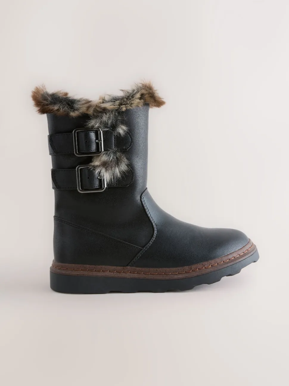 Black Wide Fit (G) Faux Fur Lined Buckle Boots