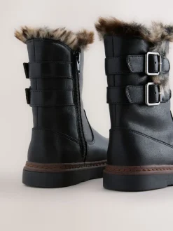 Black Wide Fit (G) Faux Fur Lined Buckle Boots