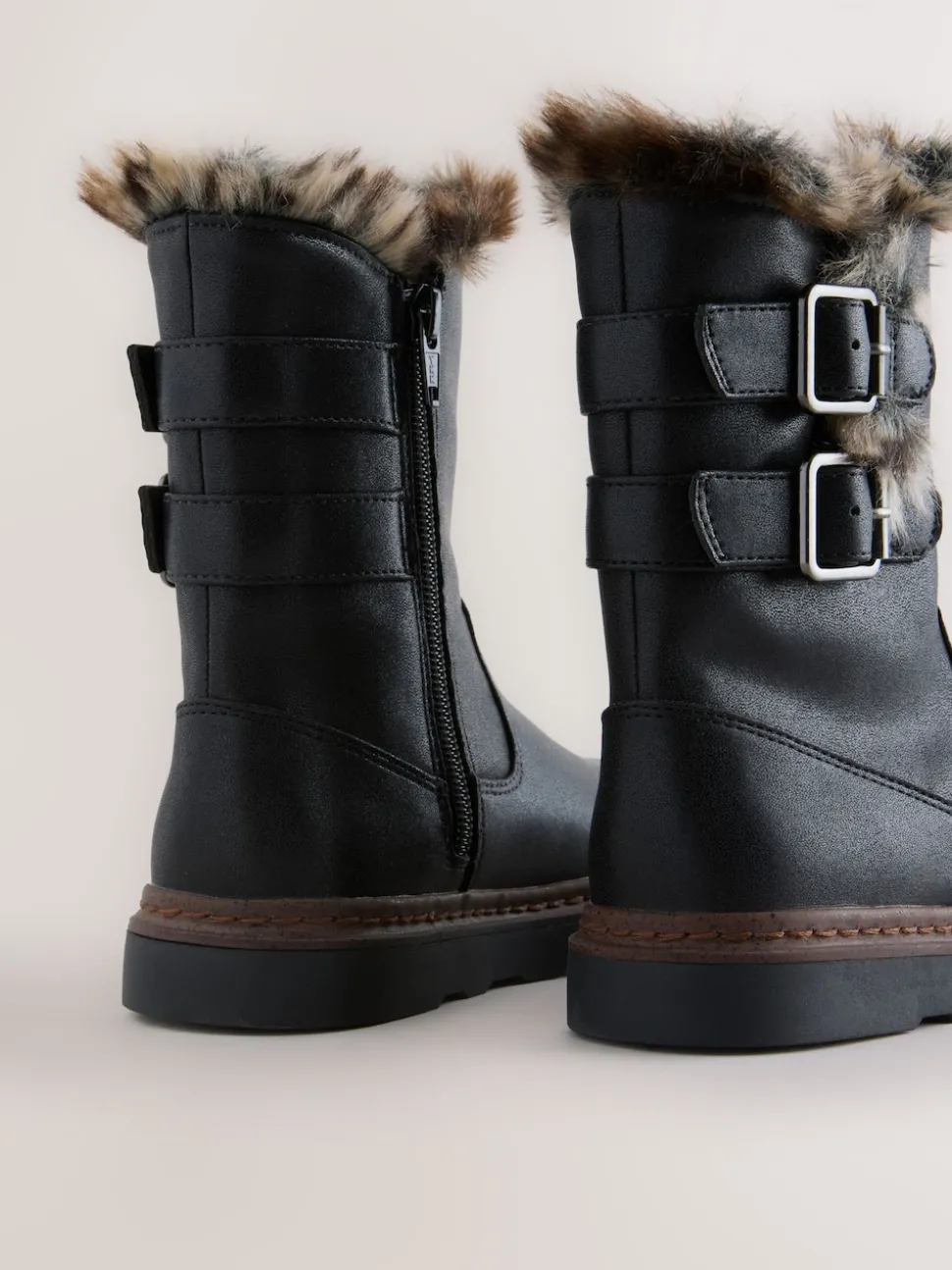 Black Wide Fit (G) Faux Fur Lined Buckle Boots