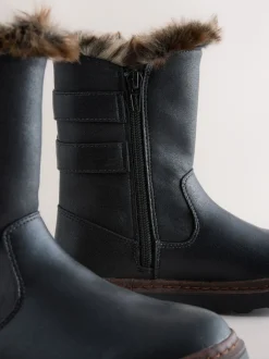 Black Wide Fit (G) Faux Fur Lined Buckle Boots