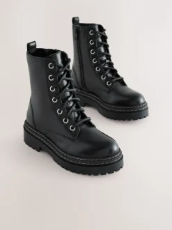 Black Wide Fit (G) Leather Chunky Lace-Up Boots