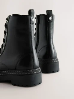 Black Wide Fit (G) Leather Chunky Lace-Up Boots