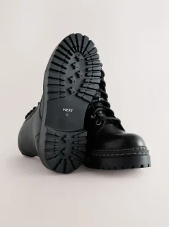 Black Wide Fit (G) Leather Chunky Lace-Up Boots