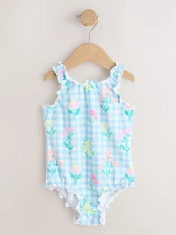 Blue Floral Gingham Lettuce Edge Swimsuit (3mths-7yrs)