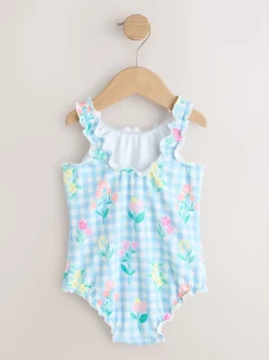 Blue Floral Gingham Lettuce Edge Swimsuit (3mths-7yrs)