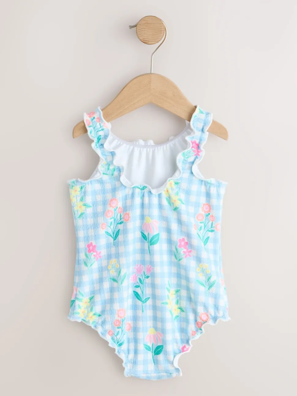 Blue Floral Gingham Lettuce Edge Swimsuit (3mths-7yrs)