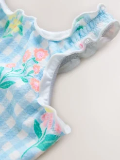 Blue Floral Gingham Lettuce Edge Swimsuit (3mths-7yrs)