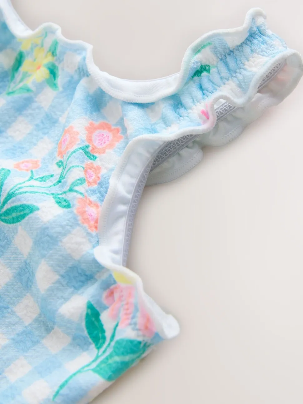 Blue Floral Gingham Lettuce Edge Swimsuit (3mths-7yrs)