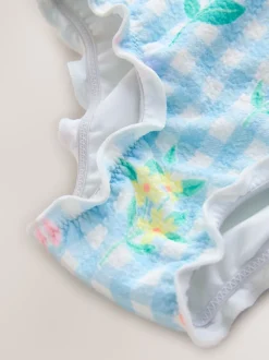 Blue Floral Gingham Lettuce Edge Swimsuit (3mths-7yrs)