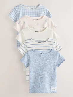 Blue Ribbed Short Sleeve Tops 5 Pack (3mths-7yrs)