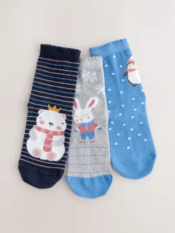 Blue and Grey Cotton Rich Chirstmas Character Ankle Socks 3 Pack